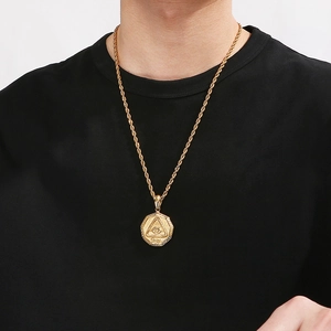 Octagonal Eye of Providence pendant on a golden twist chain necklace for men