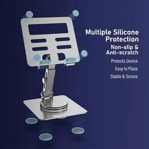 Silver aluminum rotating tablet stand with foldable height adjustment and non-slip pads