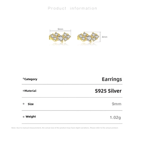 Detailed size chart showing 9mm by 4mm S925 silver stud earrings with zirconia stones