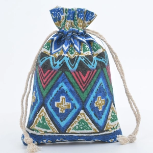 Ethnic style drawstring cotton bag with geometric patterns for gift and aroma storage