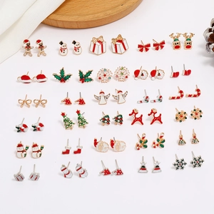 Boucles D'oreilles Puces Noël Alliage Émail Strass Fête Festive Cadeau Mignon Flocon De Neige Père Noël Renne Sapin Femmes Filles