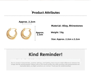 Detail view of double-layer geometric gold hoop earrings with rhinestone specs and size