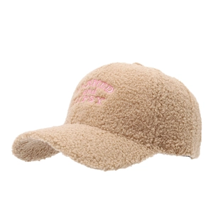 Warm beige fleece baseball cap with pink letter embroidery for a cozy winter style