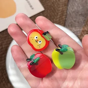 Three-piece set of cute resin apple hair clips with red and green fruit designs