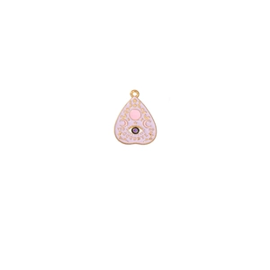 Pink enamel Ouija board pendant featuring a crescent moon, golden eye, and YES NO text