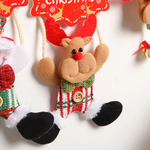 Plush Christmas reindeer door hanger with red antlers and Christmas wooden sign decoration