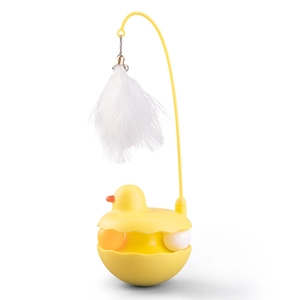 Yellow duck tumbler cat toy with rotating balls and elastic white feather wand feature
