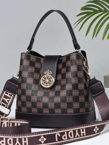 Brown checkered bucket bag for women with stylish PU leather and top handle design