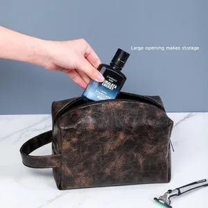 Men's vintage brown PU leather toiletry bag with large opening and waterproof design