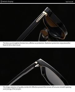 Detailed close-up of sunglasses with golden hinges and CE certification on black frames