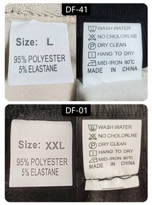 Detail of fabric wash care label showing 95% polyester material and size specifications