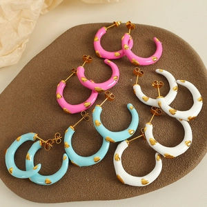 Women's Stainless Steel C-Shaped Hoop Earrings Colorful Enamel Heart Pattern Gold Plated Fashion Jewelry Daily Gift Accessory