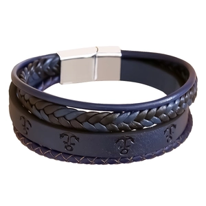 Multilayer leather wrap bracelet with anchor pattern and silver magnetic clasp