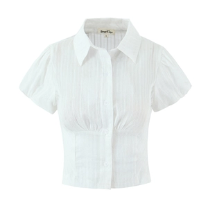 Women Short Sleeve Blouse Textured Polyester Fabric Puff Sleeve Lapel Collar Button Down Slim Fit Cropped Fashion Elegant Top