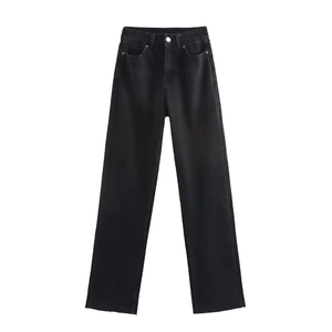 Women High Waisted Straight Leg Denim Jeans Washed Black Cotton Multiple Pockets Casual Retro Style Raw Hem Pants