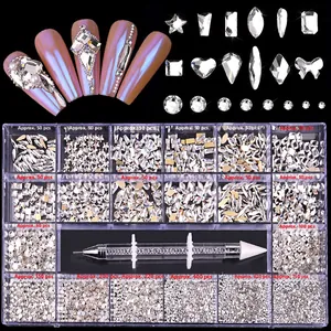 Detailed view of 21 grids nail art rhinestones kit with various shapes and dotting pen