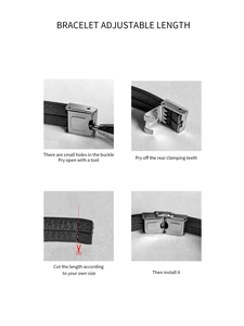 Guide showing how to adjust length of the stainless steel buckle on leather watch band