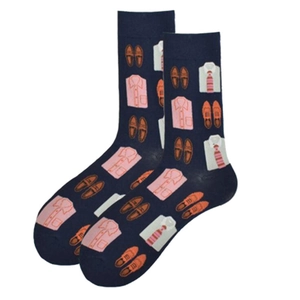 Men's navy cotton crew socks featuring pink shirt and brown loafer cartoon patterns