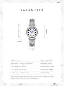 Spécifications de montre de luxe avec strass, pierres colorées et bracelet acier