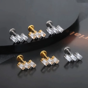 F136 titanium labret studs with three rectangular zircons in gold and silver finishes