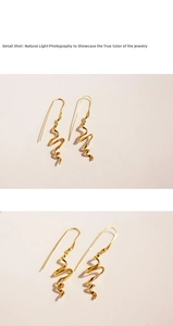 Detail shot of golden abstract spiral earrings with dynamic wavy lines in natural light