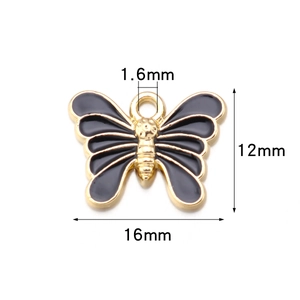 Golden and black alloy butterfly charm with enamel finish and specific size measurements