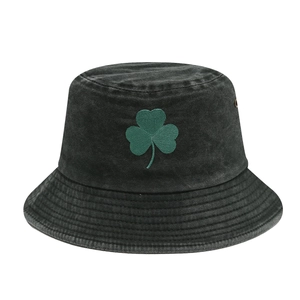 Washed dark gray denim bucket hat with green shamrock embroidery for St. Patrick's Day