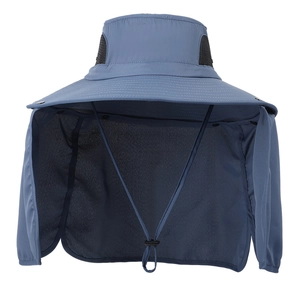 Outdoor sun protection hat in greyish blue with neck flap and breathable mesh side panels