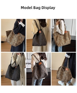 Model wearing stylish leopard print canvas tote bags in brown and grey animal patterns
