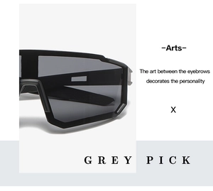 Macro detail of black frame sports sunglasses with translucent gray lenses and sharp edges