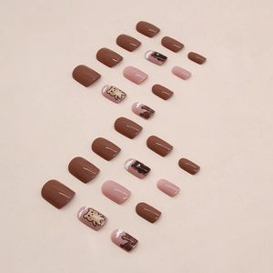 Brown autumn bear press-on nails with 24 pieces of short square oval fake nails