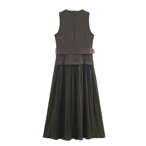 Sleeveless olive green pleated midi dress with dark brown belt, rear view flat lay