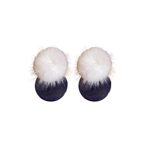 Winter plush ball and blue resin circular drop earrings with silver needle posts