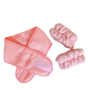 Pink microfiber yoga headband and wristband set for face washing and sports activity