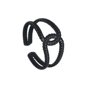 Detail of matte black double-layered open ring with woven rope texture and knot design