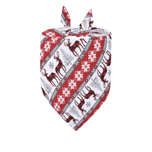 Christmas dog bandana with festive reindeer and snowflake patterns on red black plaid fabric