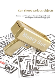 Detail of golden electric Money Gun with simulation bills on a scattered cash background