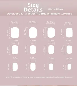 Size details chart for 24pcs small mini French press-on nails in 12 different dimensions