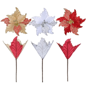 Glittery artificial Christmas flowers in red, gold and white with embossed patterns