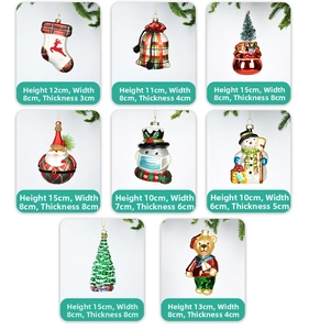 Detailed grid of 8 painted glass Christmas ornaments with Santa, snowman and bear charms