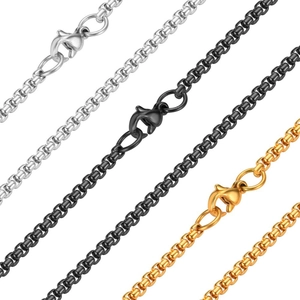 Three-color stainless steel box chain necklaces in silver, black, and gold with lobster clasps