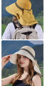 Detail of wide brim sun hat featuring neck protection flap and breathable mesh crown
