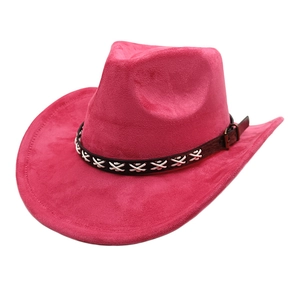 Classic bright fuchsia faux suede western cowboy hat with brown stitched leather band