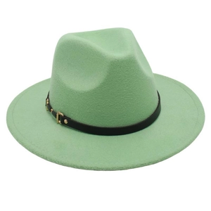 Detail view of light green wool fedora with black leather band and gold buckle