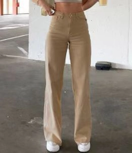 Detail view of high-waisted wide-leg khaki denim pants with a slim fit and solid color
