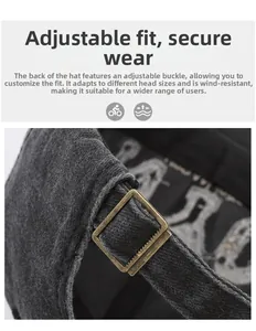 Detail of adjustable metal rear buckle on a grey wool baseball cap for secure fit