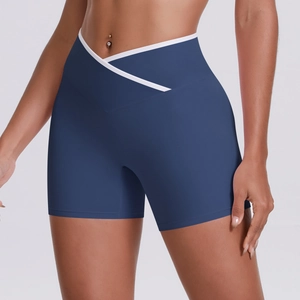 High waist crisscross yoga shorts in navy blue with tummy control V-shaped waistband