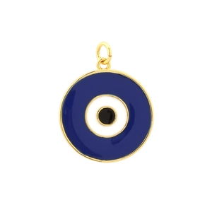 Detailed view of an 18K gold-plated evil eye charm with blue and white enamel for DIY