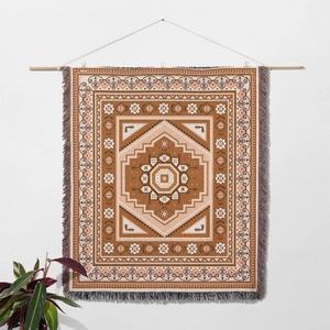 Detailed texture of bohemian woven tapestry with geometric patterns and fringe edges