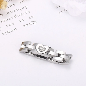 Silver stainless steel heart ring with watch strap chain design and crystal center